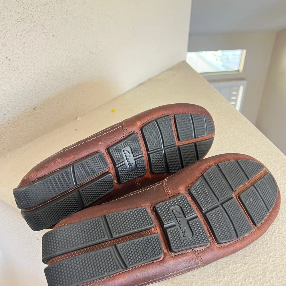 Clarks Men's Comfort Slip‎ On Brown Leather Loafers Brown Driving Shoes Work 13